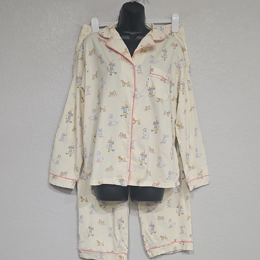 Dreamy By Lubot | Women's Light Yellow Cotton Puppies Loungewear Pajama Set XL